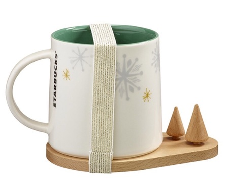 Starbucks City Mug 2015 Lil Christmas Tree Mug 10 oz with Wooden Coaster
